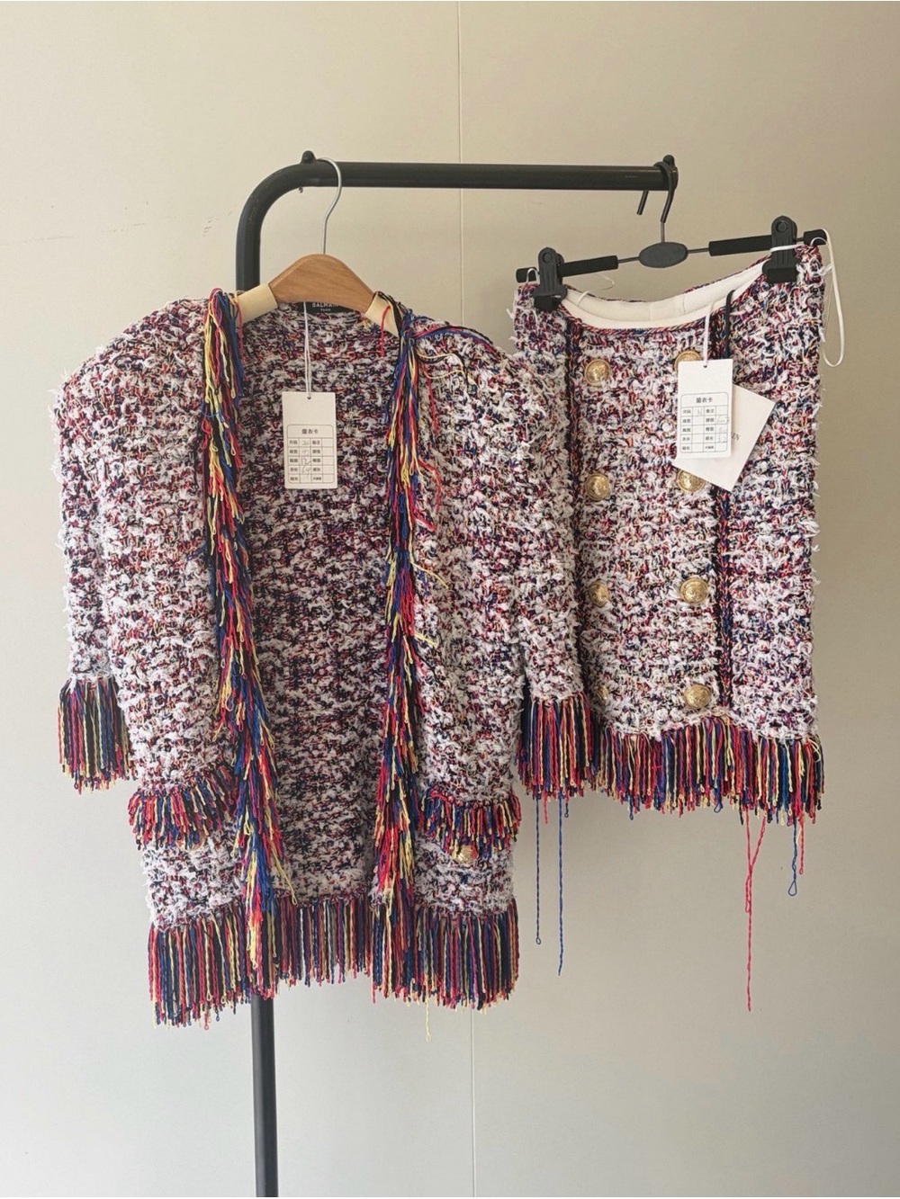 Balmain Multicolor Tweed Fringe Jacket and Skirt Set